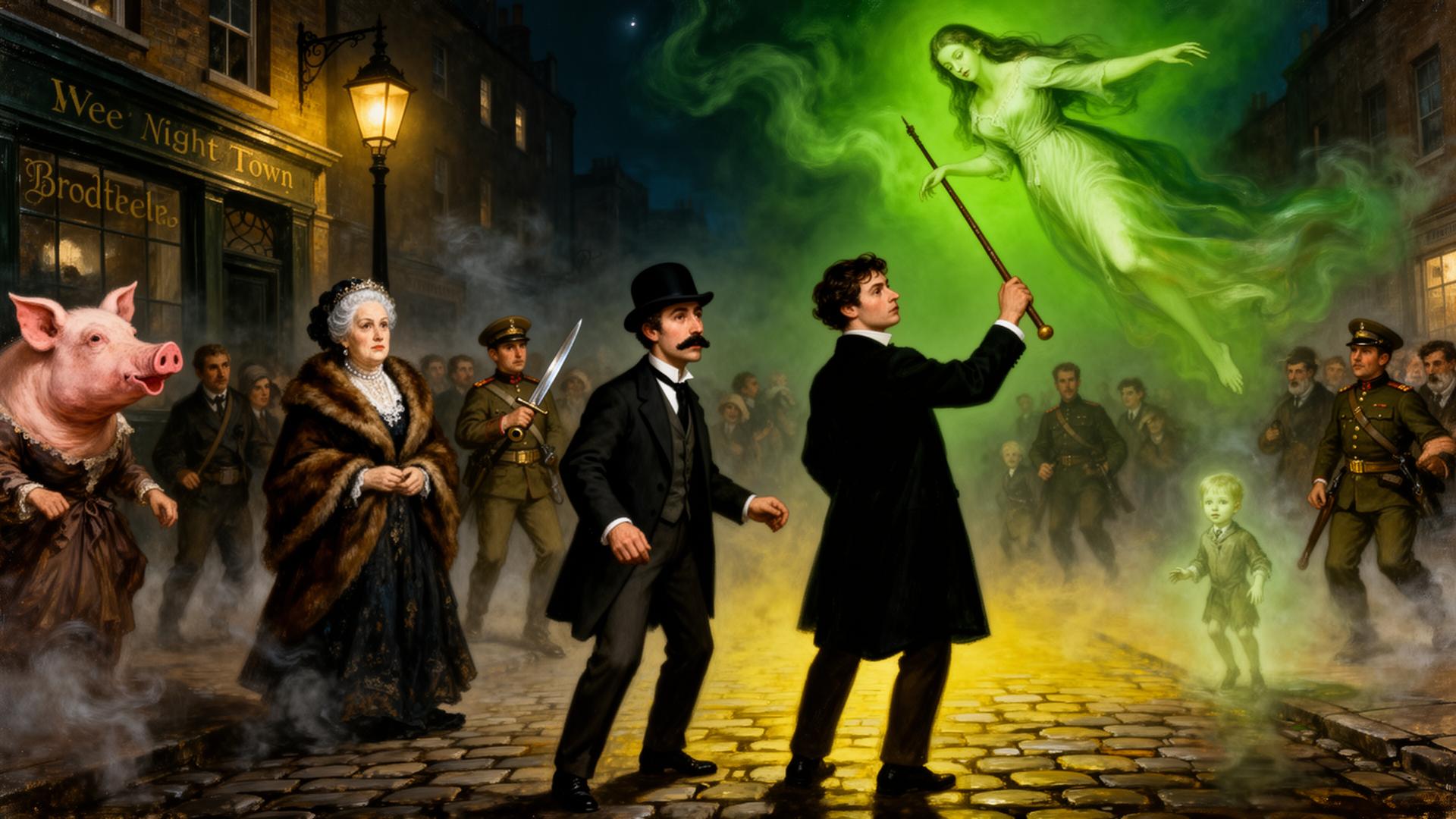 Painterly hallucinatory midnight scene in Dublin's Nighttown: a gas-lit cobbled street outside a brothel, fog and grotesque dream-figures, Bloom in a bowler hat looking bewildered, Stephen Dedalus raising an ashplant stick toward a green spectre of his dead mother.