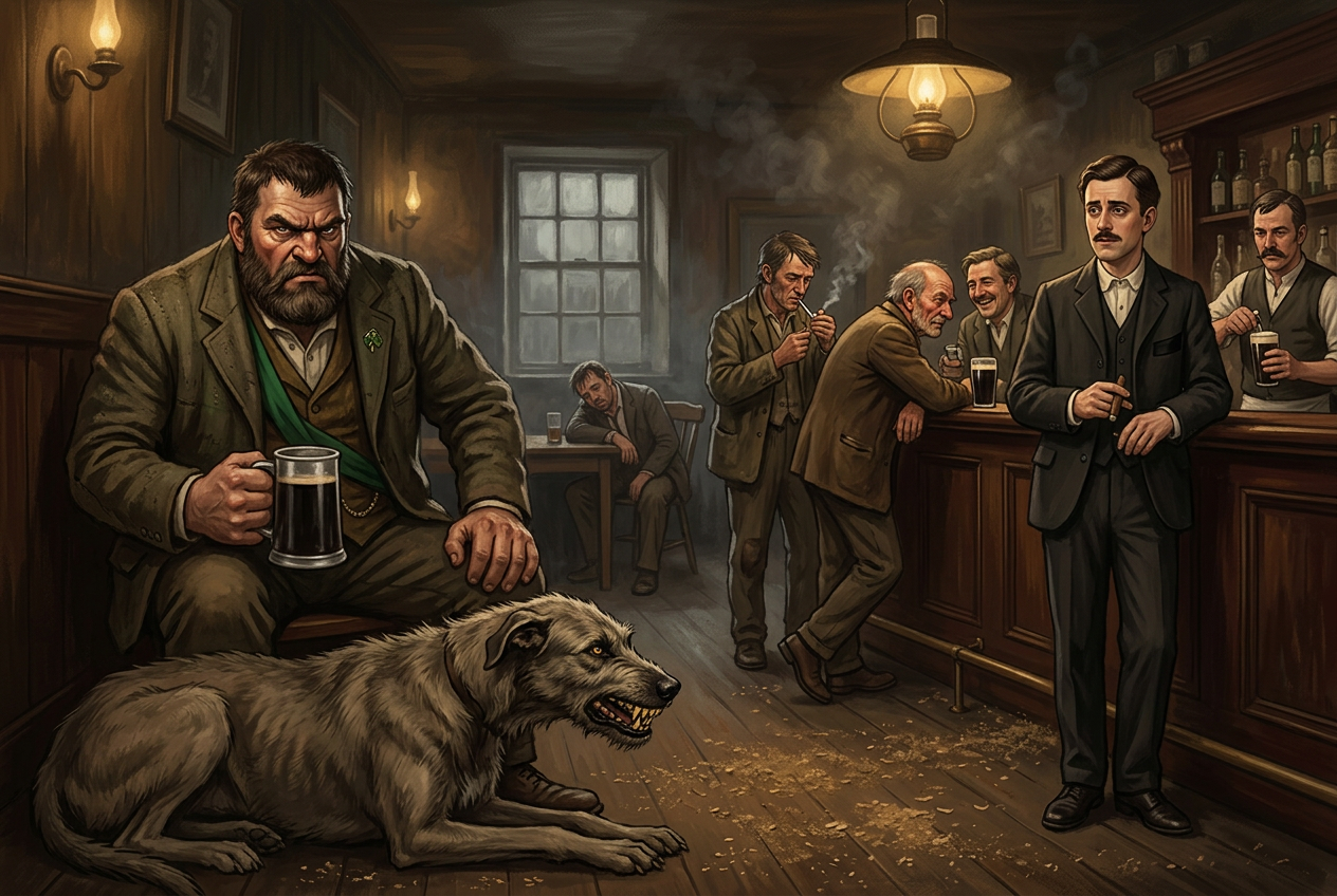 Painterly interior of Barney Kiernan's Dublin pub: a huge bearded one-eyed nationalist in a green coat looms at a table with a mangy dog at his feet, raising a biscuit-tin; Leopold Bloom stands at the doorway in profile, dignified; a faint ghostly Cyclops silhouette woven into the smoke behind.