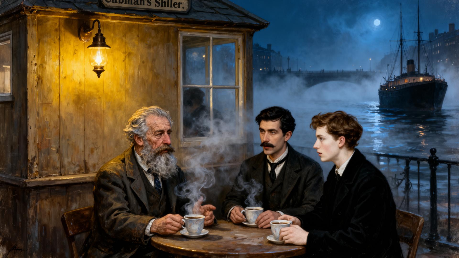 Painterly Edwardian Dublin night scene at the cabman's shelter near Butt Bridge: a small wooden hut lit by a single lamp, steam rising from coffee cups, an old grey-bearded sailor telling tall tales across the table from a tired Bloom and a pale young Stephen.