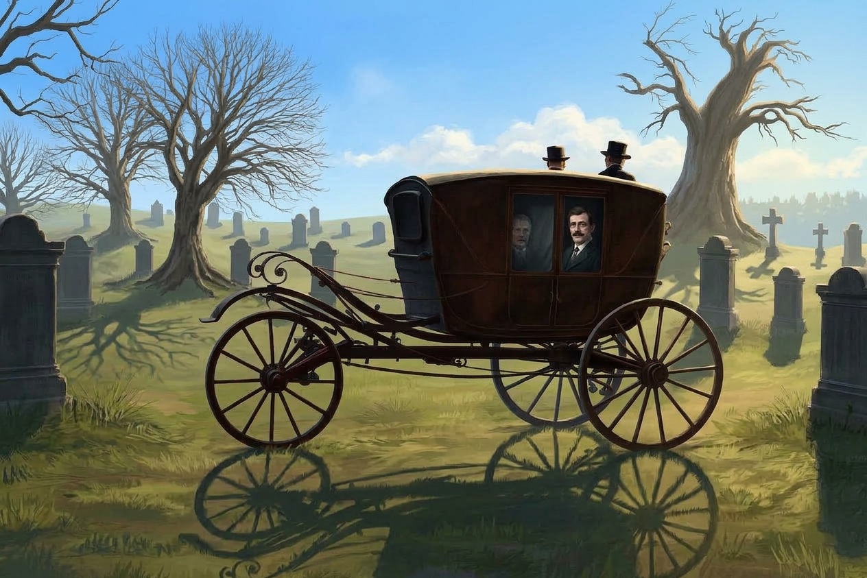 A black Edwardian funeral carriage moving through misty Glasnevin Cemetery, the silhouettes of the Greek underworld rising behind it.