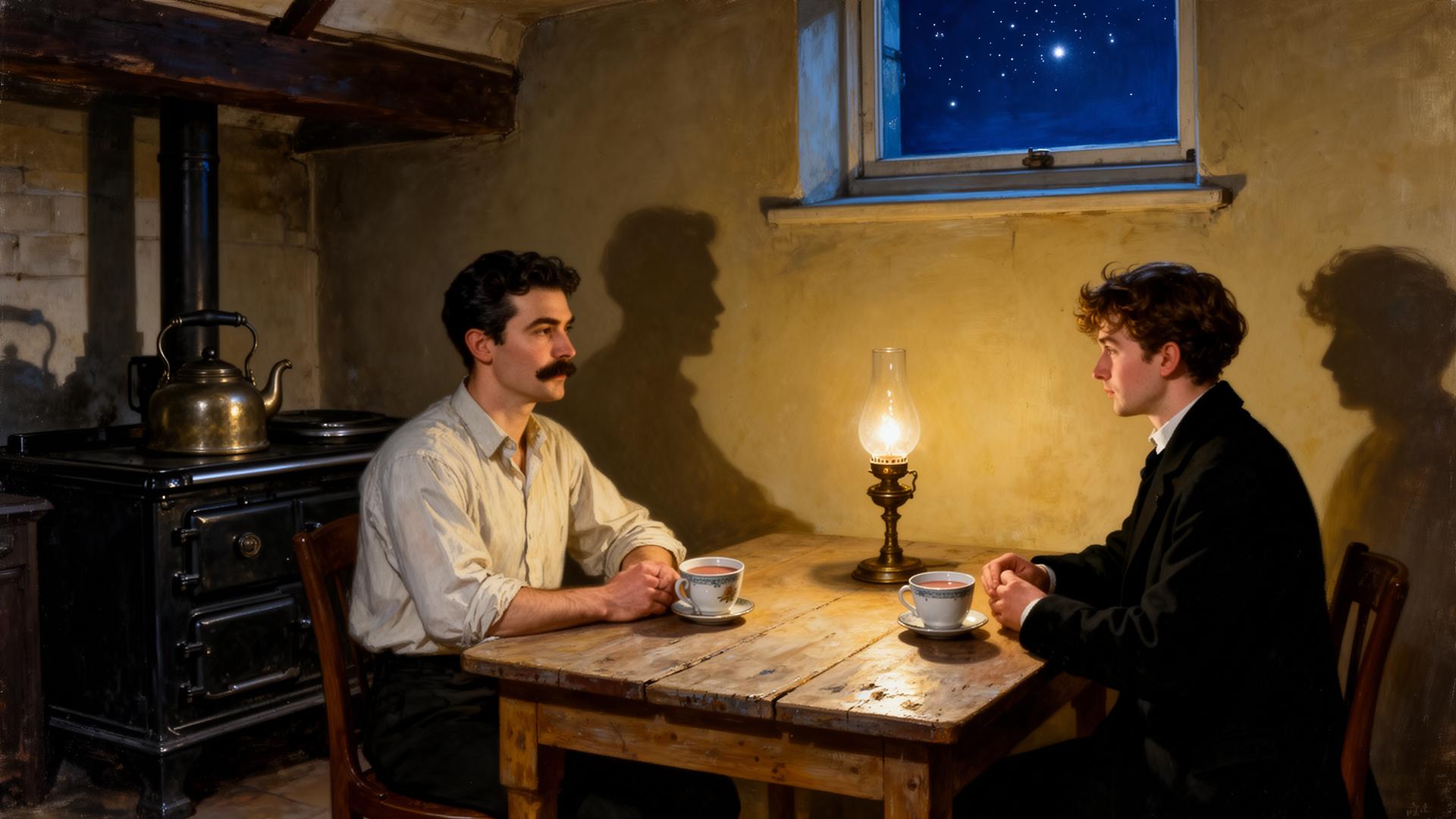 Painterly Edwardian Dublin basement kitchen at 7 Eccles Street, around 2 a.m.: Bloom in shirtsleeves and Stephen Dedalus in a black coat sitting opposite each other across a scrubbed wooden table with two cups of cocoa, mirrored by their shadows on the wall; starlight through a small high window.