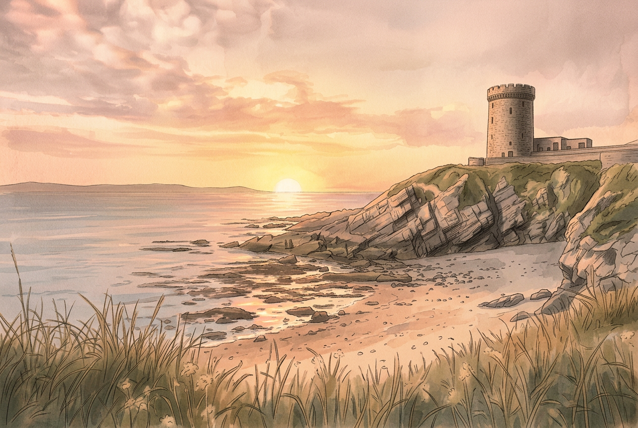 The Martello Tower at Sandycove merging into an ancient Greek seascape at dawn.