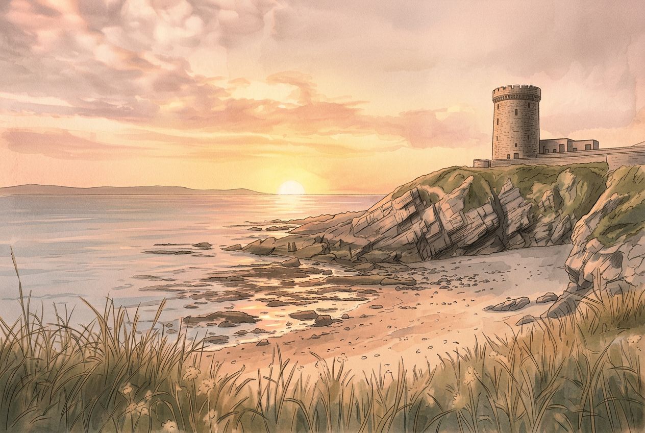 The Martello Tower at Sandycove merging into an ancient Greek seascape at dawn.