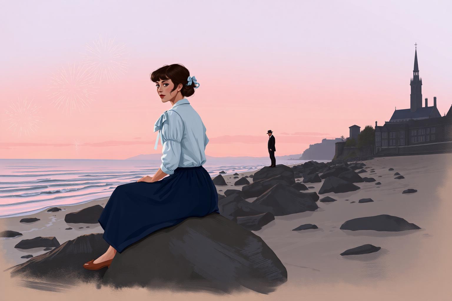 Painterly twilight scene of Sandymount Strand in Dublin: a young woman in a navy skirt and pale blouse sits on a rock looking out to sea, while in the distance the silhouette of Leopold Bloom stands alone on the sand watching her; fireworks bloom in the dusk above a church steeple.