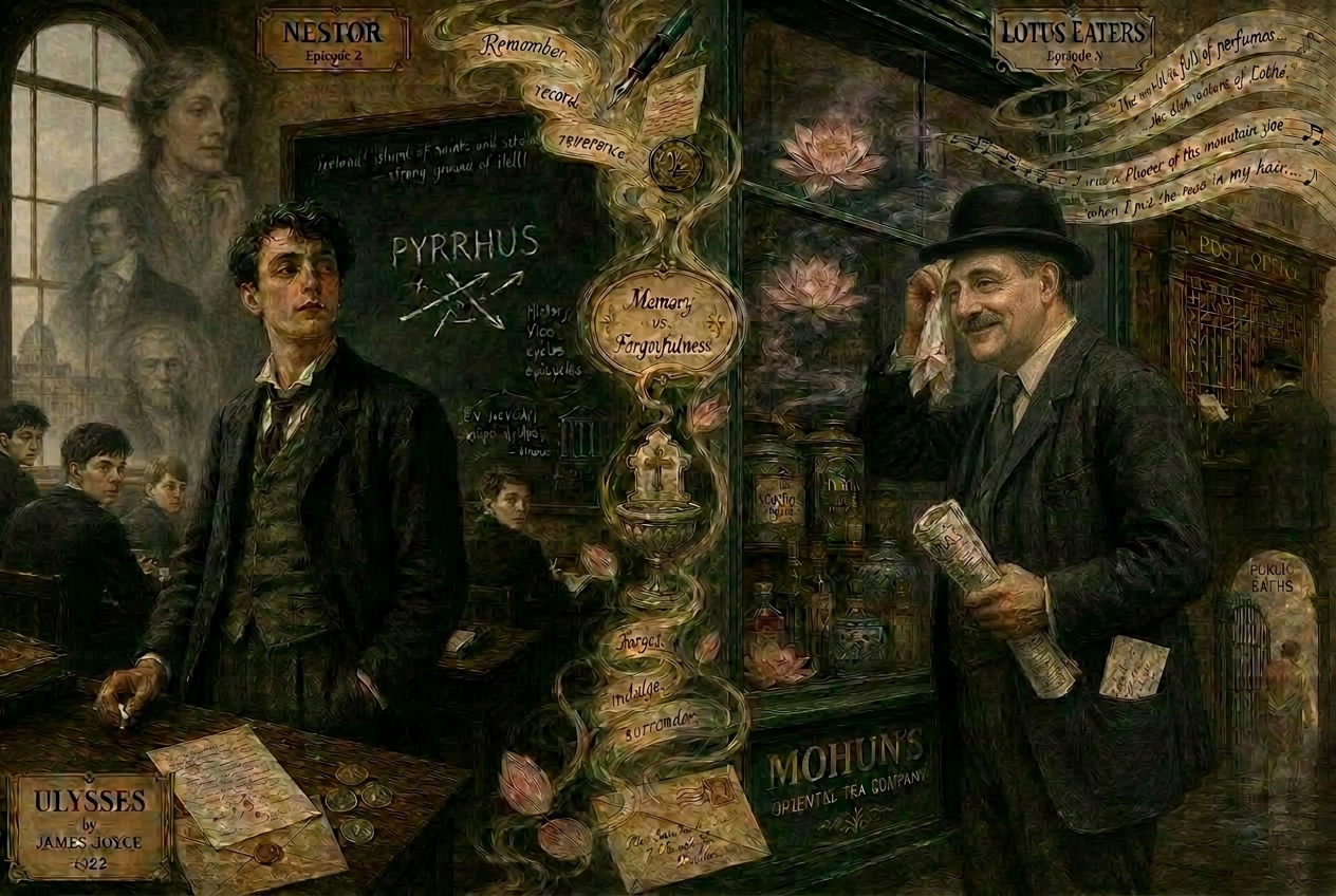 Vintage illustration of Leopold Bloom walking calmly through a 1904 Dublin street holding a book, with pale lotus petals and tea-leaves drifting through the air and a faint classical schoolroom on the left.