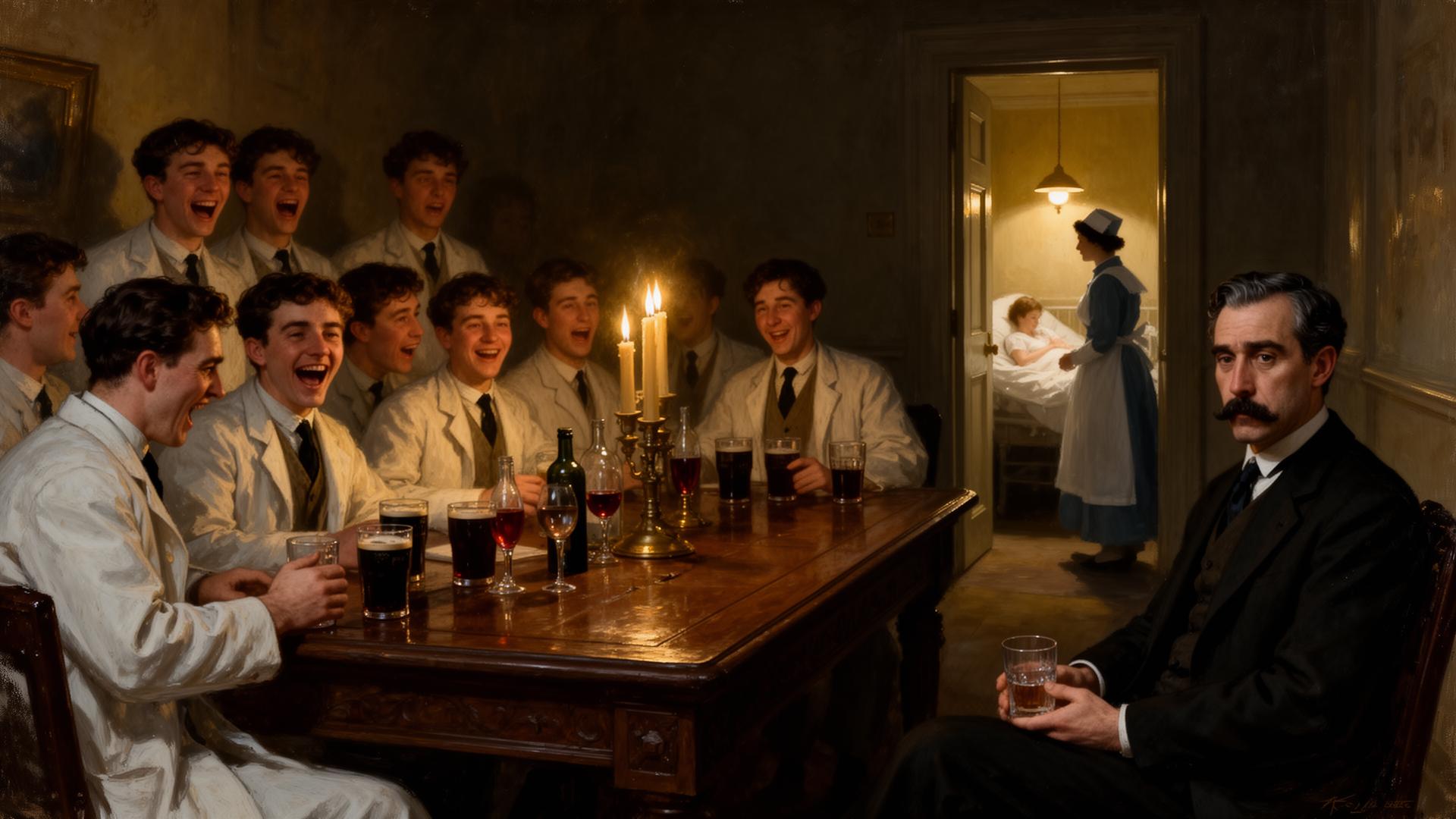 Painterly candlelit Edwardian scene in the common-room of the National Maternity Hospital, Holles Street: drunken medical students laughing around a heavy table; Leopold Bloom sits quietly to one side; through an open doorway a nurse moves toward a woman in labour.