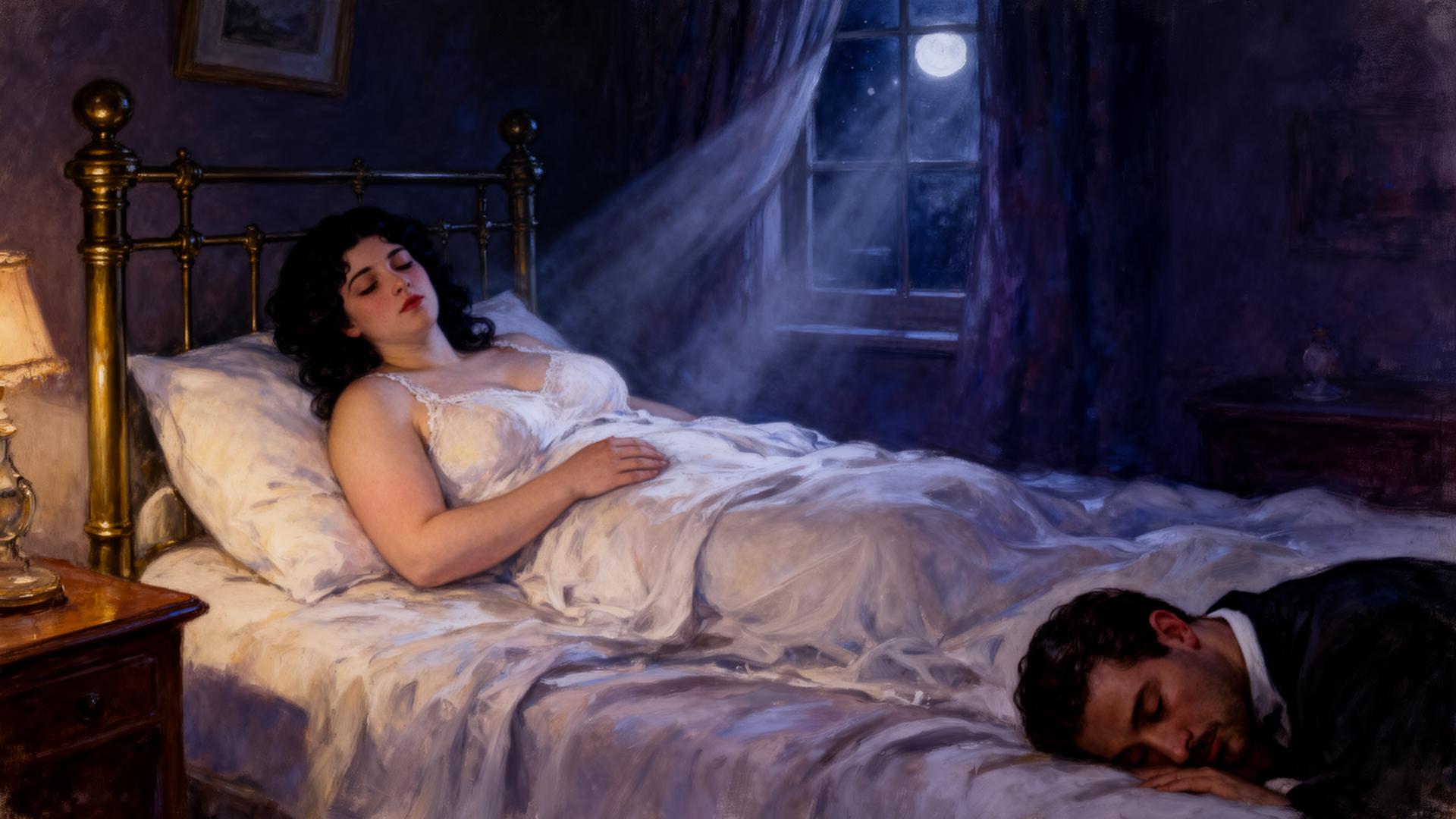 Painterly Edwardian Dublin bedroom at 7 Eccles Street, deep night: a dark-haired full-figured woman in a white nightgown half-awake in a brass bedstead with rumpled sheets; faint moonlight across her bare shoulder; her husband sleeping with his head at the foot of the bed beside her.