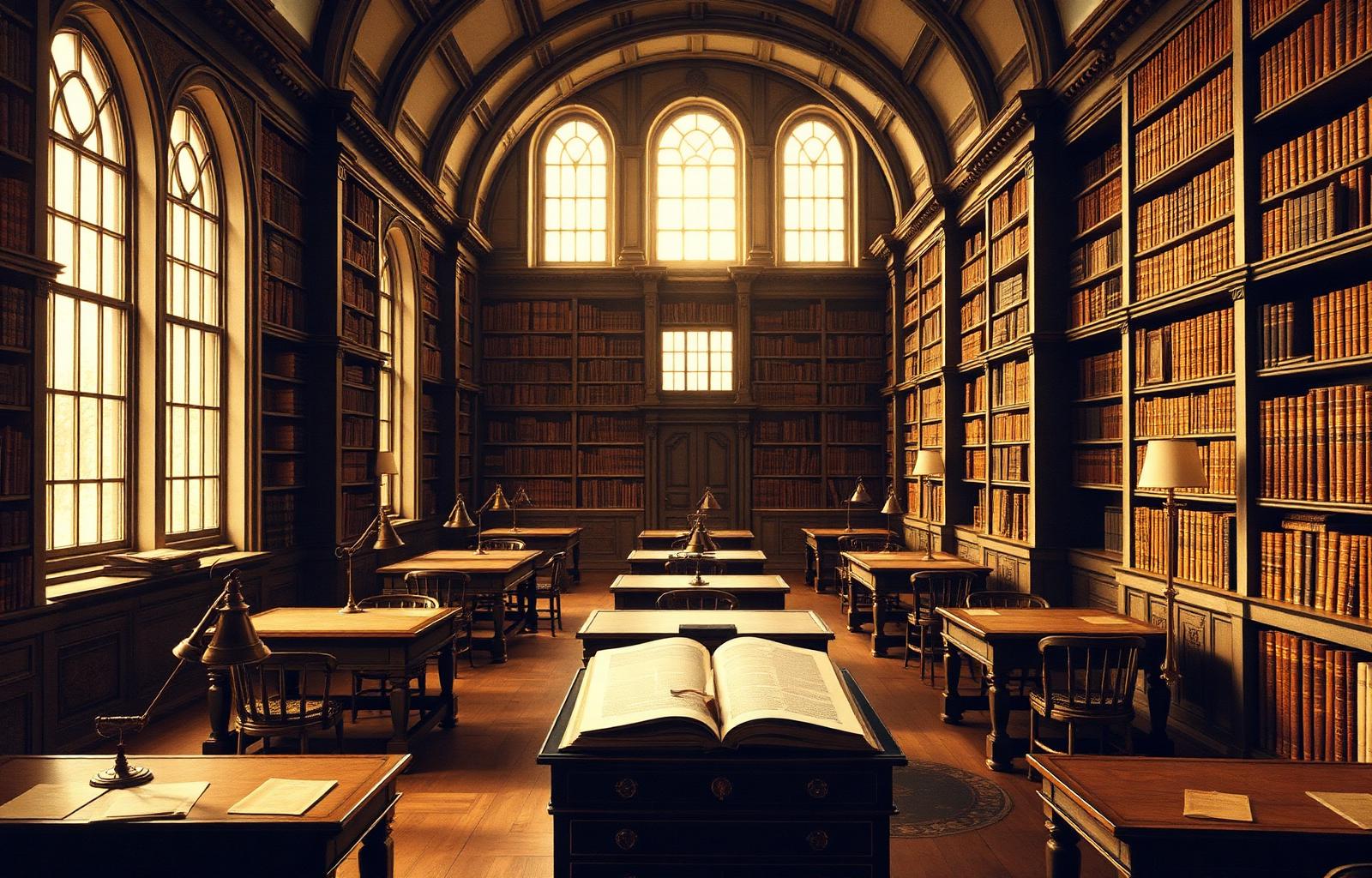 An Edwardian university reading room with arched windows, wooden desks, brass lamps, and walls of leather-bound books