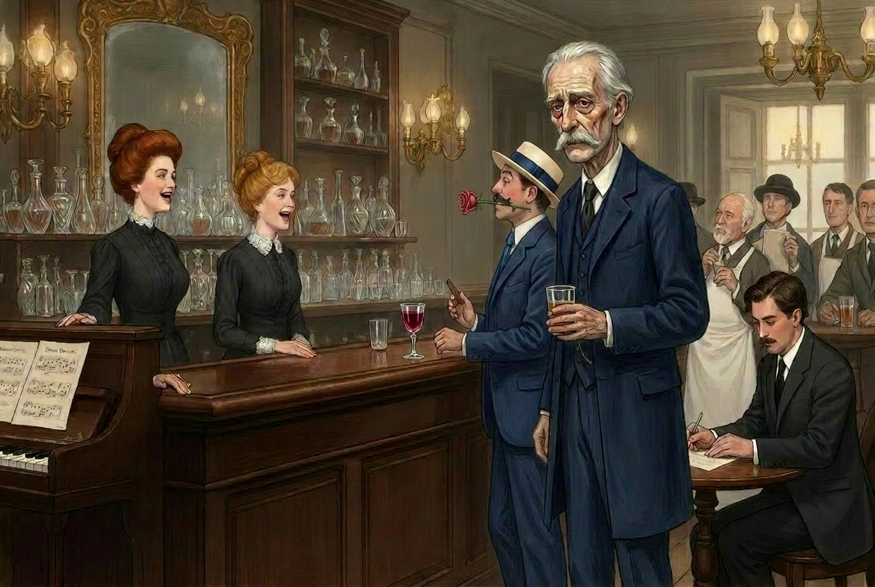 Painterly Edwardian interior of the Ormond Hotel bar in Dublin: a bronze-haired and a gold-haired barmaid lean across a polished mahogany counter, a man plays an upright piano, Leopold Bloom sits writing alone at a side table, the silhouettes of two sirens woven into cigar-smoke above the room.