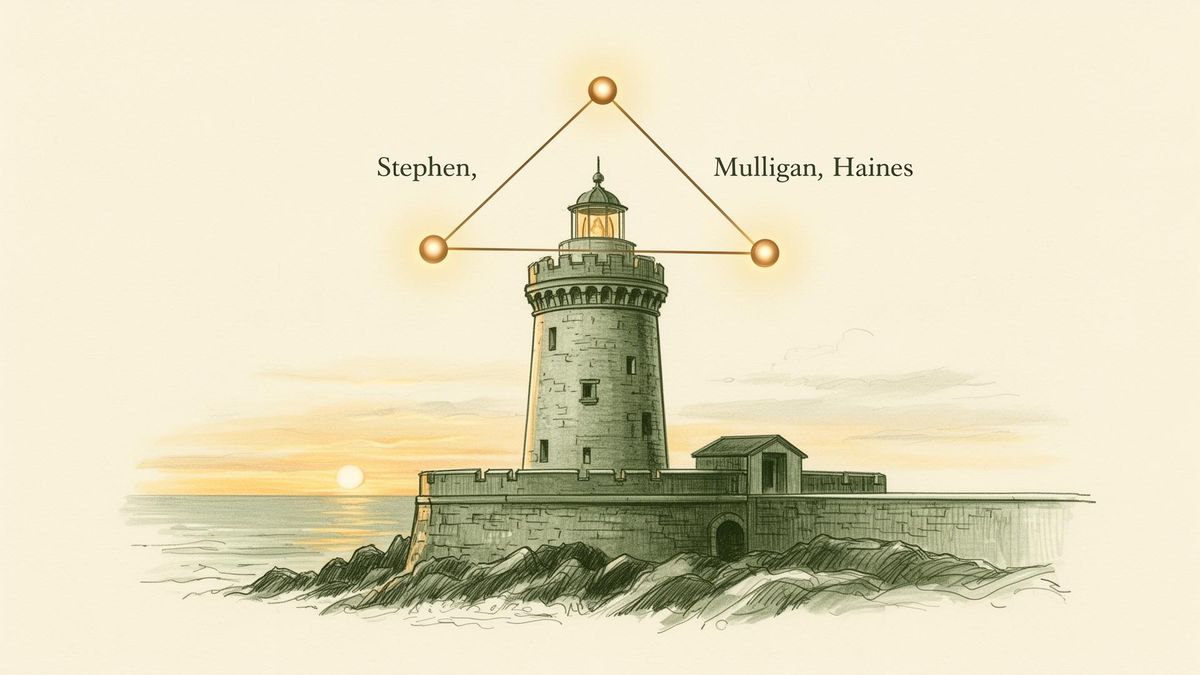 Soft illustration of the Martello tower with three connected points representing Stephen, Mulligan and Haines.