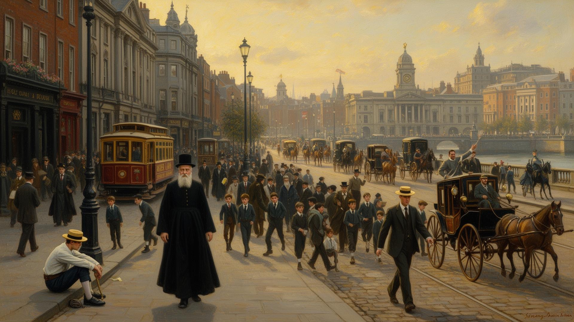 Painterly Edwardian Dublin street scene at 3 p.m.: trams, jaunting-cars, a black-soutaned priest, a one-legged sailor, schoolboys and the Viceregal cavalcade glimpsed in the distance — a labyrinth of citizens crossing paths.